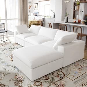 120.45 in. L Shaped Linen Flannel Down Upholstered Separable 3 Seats Comfortable Sectional Sofa with Ottoman in White