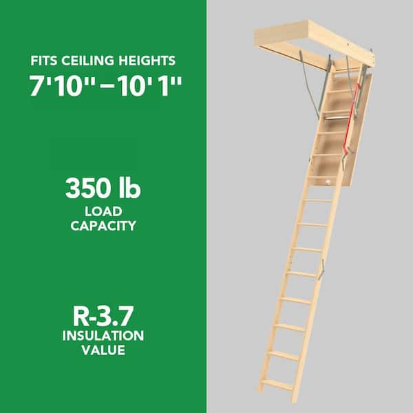 LWB Insulated Wood Attic Ladder 7 ft. 10 in. - 10 ft. 1 in. 25 in. x 54 in. with 350 lb. Load Capacity