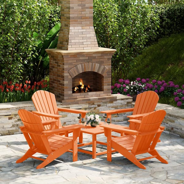 Altura Fade Resistant HDPE Plastic Orange 5-Piece Adirondack Chair Outdoor Patio Conversation Set, Square Coffee Table