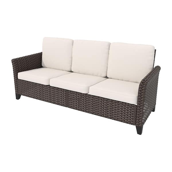 3-Seat Wicker Outdoor Patio Sofa Sectional Couch with Beige Cushions
