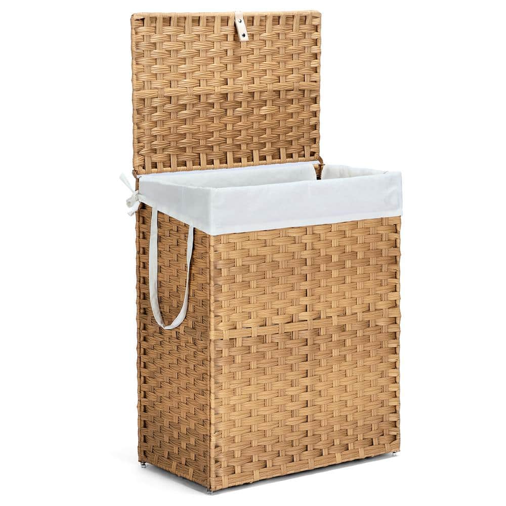 Brown 13 in. x 24 in. Plastic Decorative Basket Laundry Hamper with Lid Rem