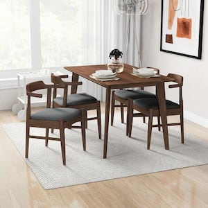 Abbet 5-Piece Mid-Century Rectangular Walnut Top 47 in. Dining Set with 4 Fabric Dining Chairs in Gray