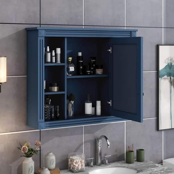 Blue 35 in. W x 28.7 in. H Rectangular Bathroom Medicine Cabinet with Mirror, Open Shelves, Adjustable Soft-Close Hinges