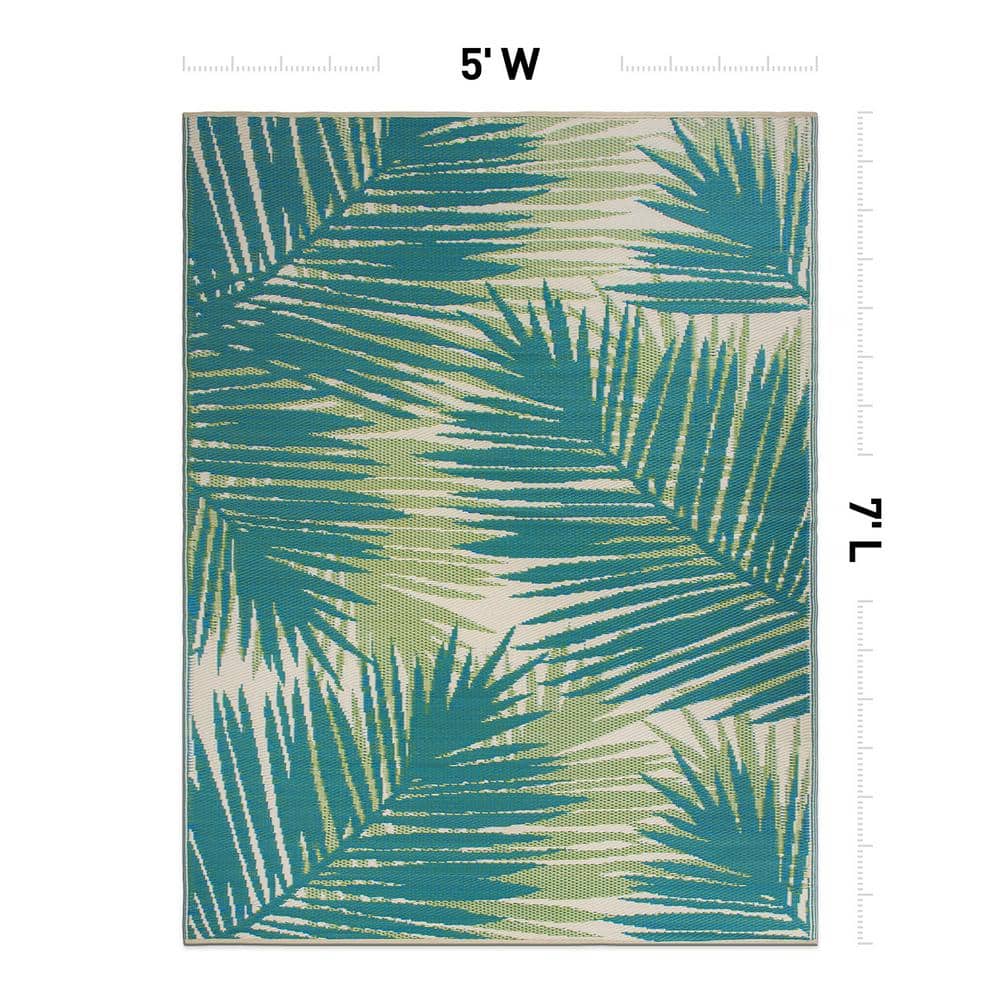 Green Tropical Floral Reversible Synthetic Indoor/Outdoor Rug 5' x 7'