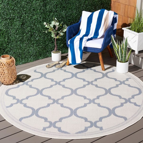 Bermuda Ivory/Blue 7 ft. x 7 ft. Machine Washable Border Trellis Indoor/Outdoor Round Area Rug