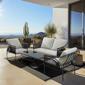 Black 4-Pc Iron Outdoor Patio Conversation Furniture Set with Gray Cushions