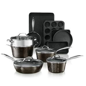 15-Piece Aluminum Hammered Ultra-Durable Non-Stick Diamond Infused Cookware and Bakeware Set in Pewter