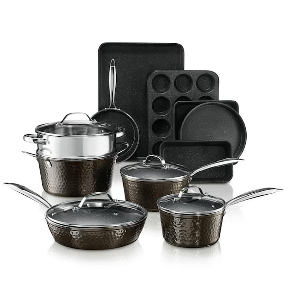 15 Piece Hammered Cookware Set Nonstick Granite Coated Pots and Pans Set  Blue
