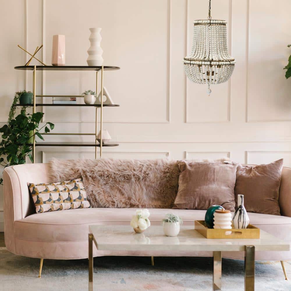 Off-White Draped Wood Bead Chandelier with Iron Frame