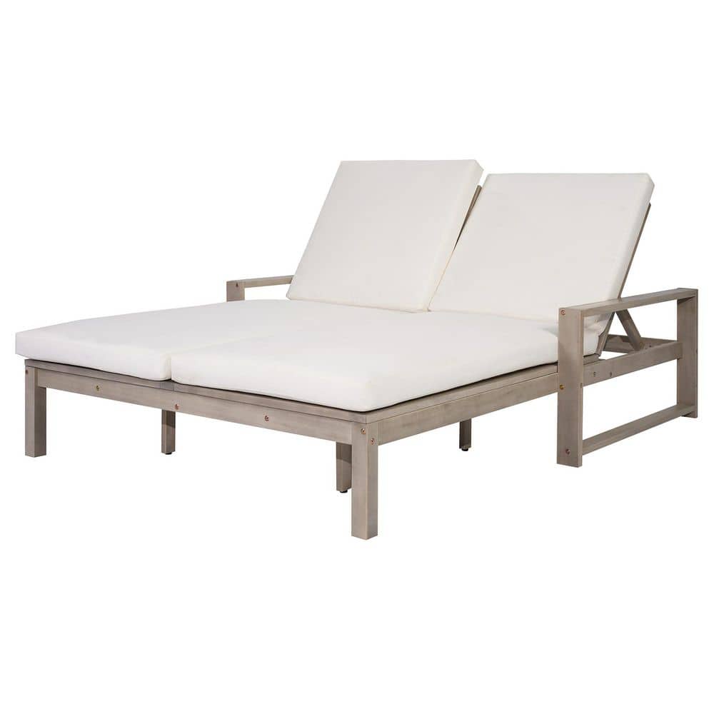 Gray Wood Outdoor Lounge Chair with Beige Cushions for Patio, Garden, Backyard price history on PriceWatchPro