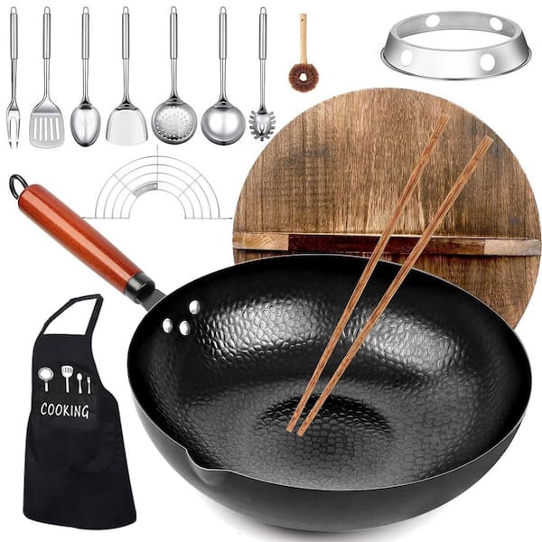 Large 12.6 in. Black Carbon Steel Induction Wok Pan, Woks and Stir-Fry Pans Set with Wooden Lid Cookwares, All Stoves