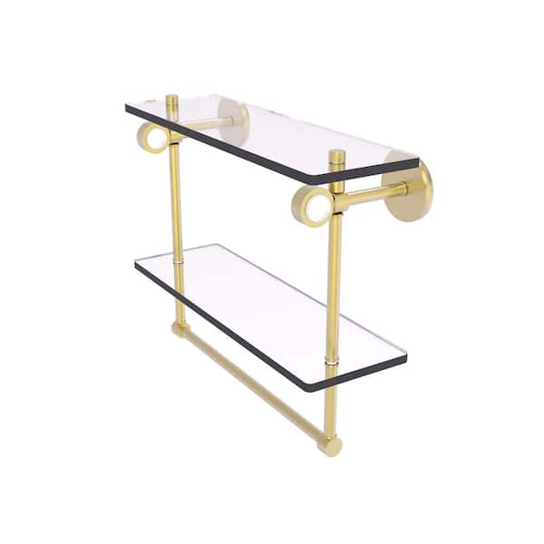 Allied Brass Clearview Collection 16 in. W x 12.8 in. H x 5.6 D Glass Rectangular Shelf in Satin Brass with Integrated Towel Bar