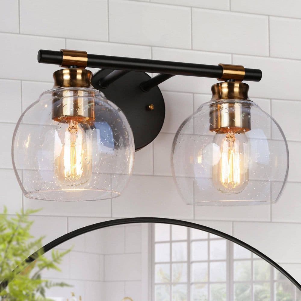 14 in. 2-Light Modern Black Bathroom Vanity Light, Rustic Vintage Brass Vanity Light, Globe Seeded Glass Wall Sconce price history on PriceWatchPro