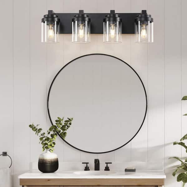 24 in. Modern 4-Light Black Vanity Light Over Mirror Bath Wall Lighting Fixtures with Clear Glass Shade