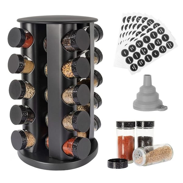 20-Shelf Black Countertop Rotating Spice Rack Organizer with 135 Labels Funnel Empty Glass Jars Set Kitchen