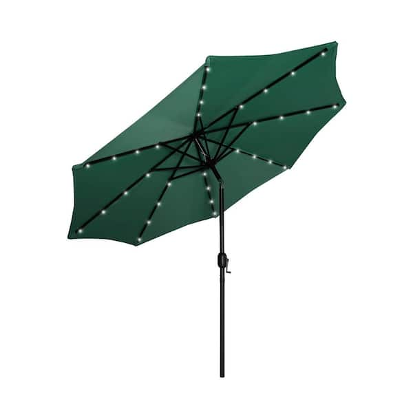 Marina 9 ft. Patio Solar LED Market Crank Umbrella with Bronze Round Free Standing Base in Dark Green