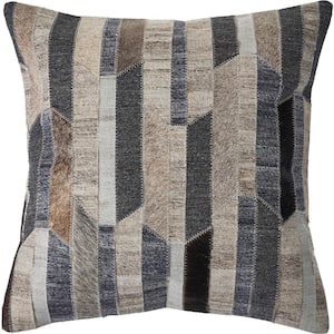 Abstract Beige / Gray Striped Faux Leather Hide 20 in. x 20 in. Throw Pillow