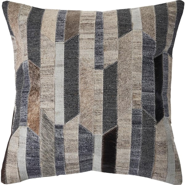 LR Home Abstract Beige / Gray Striped Faux Leather Hide 20 in. x 20 in. Throw Pillow