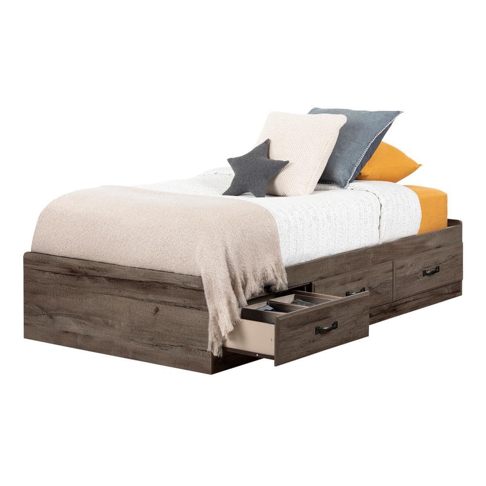 Twin Fall Oak Wood Frame Platform Bed with 3 Storage Drawers