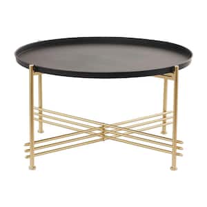 33 in. Black Medium Round Metal Coffee Table with Gold X Shaped Base