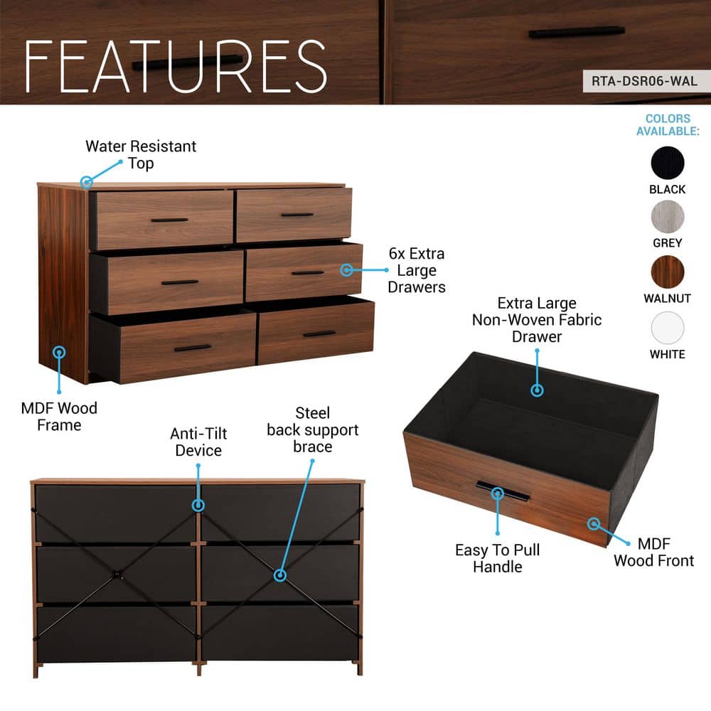Walnut Brown 6-Drawer Double Dresser with Fabric Bins