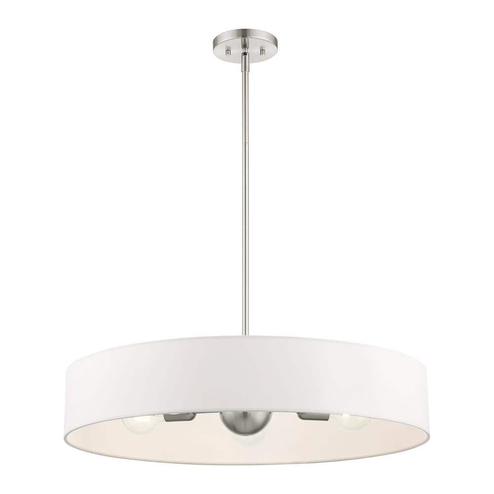 Elegant Brushed Nickel 5-Light Drum Pendant with Crystal Accents and Off-White Shade