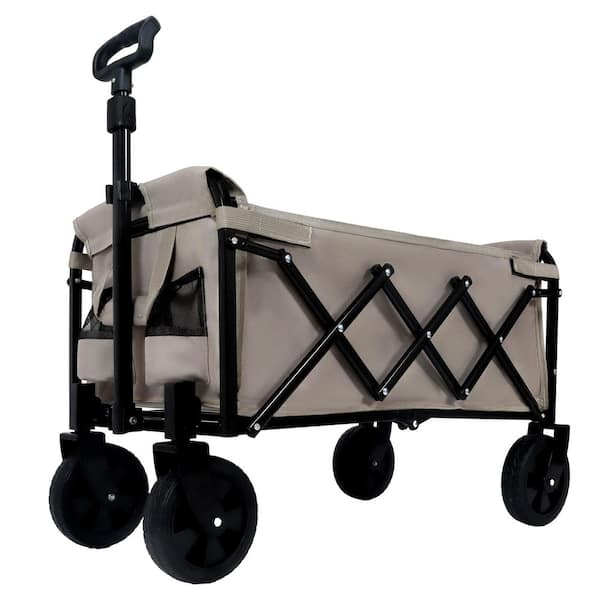 Beige 3 cu. ft. Steel Garden Cart, Expandable Dual-Layer Utility Wagon Cart