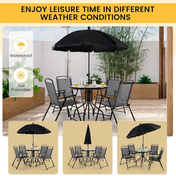 Costway 6 pcs patio garden set furniture umbrella gray with 4 folding chairs table new arrivals