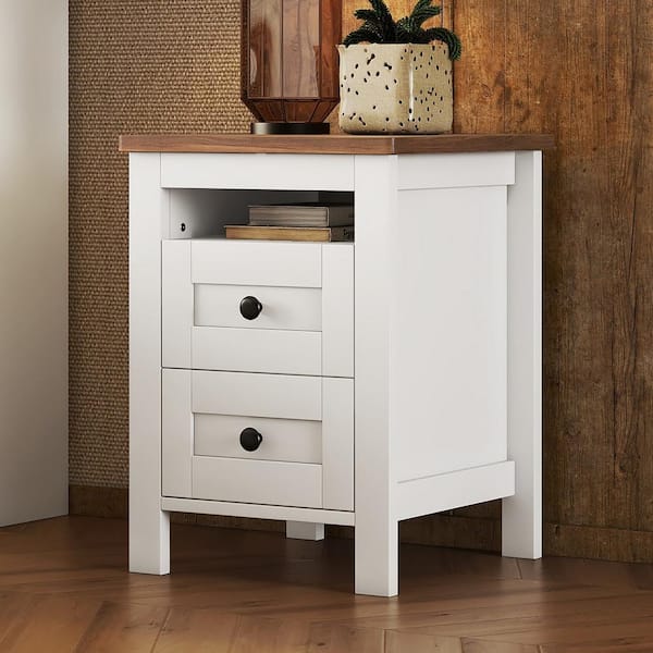 Harper & Bright Designs Sleek Lines White and Brown 2-Drawer Farmhouse Wooden Nightstand with Durable Handles and Open Shelf