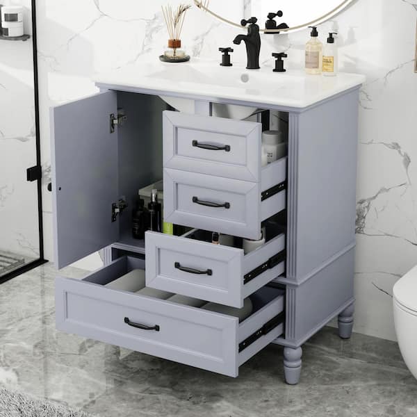 30 in. W x 18.5 in. D x 34.4 in. H Single Sink Freestanding Bath Vanity in Gray with White Ceramic Top