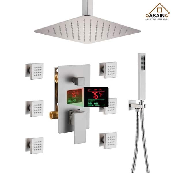 LED Display 3-Spray 12 in. Wall Mount Dual Shower Heads and Handheld Shower Head with 2.5 GPM in Brushed Nickel