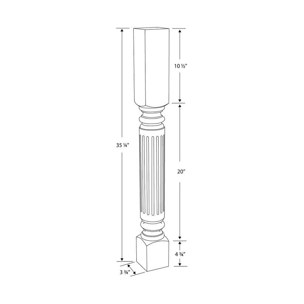 35.25" Unfinished Hard Maple Fluted Kitchen Island Leg