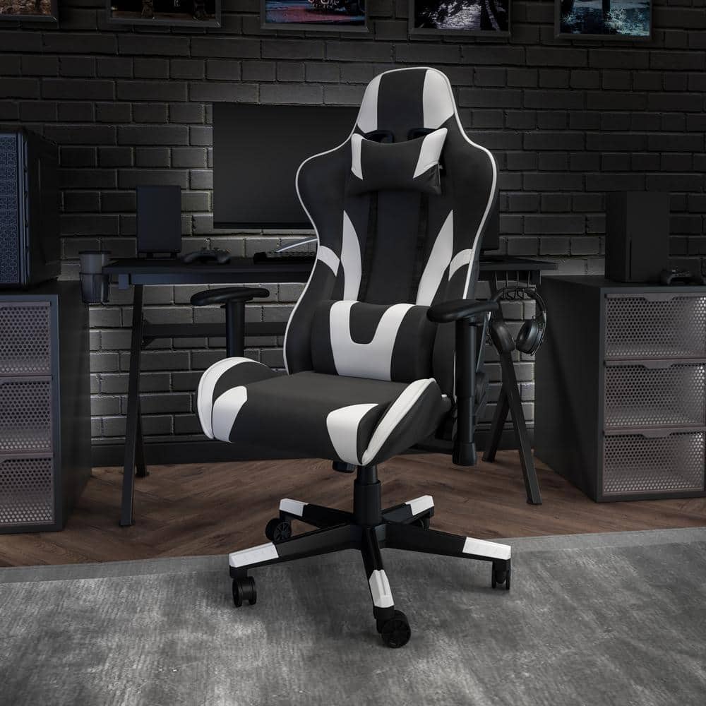White/Black X20 Fully Reclining LeatherSoft Gaming Chair w/ Headrest and Pillows, Ergonomic Racing Style Computer Chair