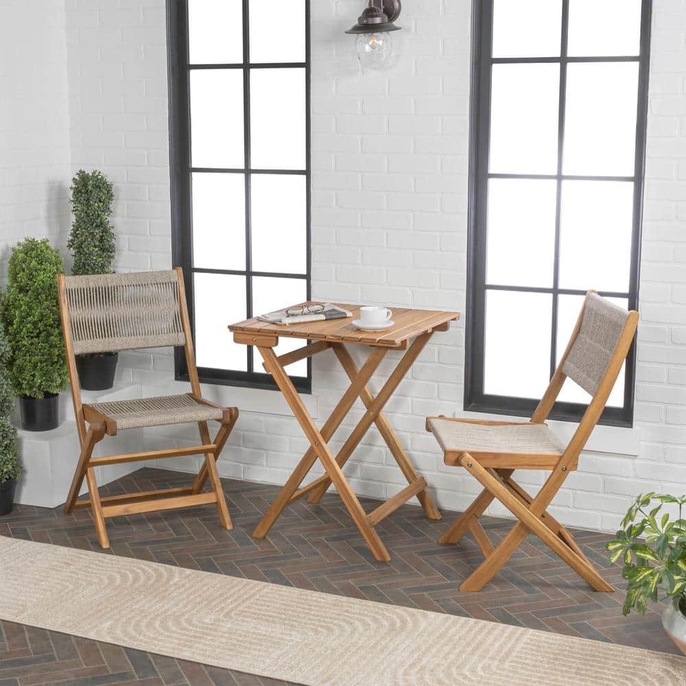Beige and Teak Brown Acacia Wood Outdoor Folding Bistro Set