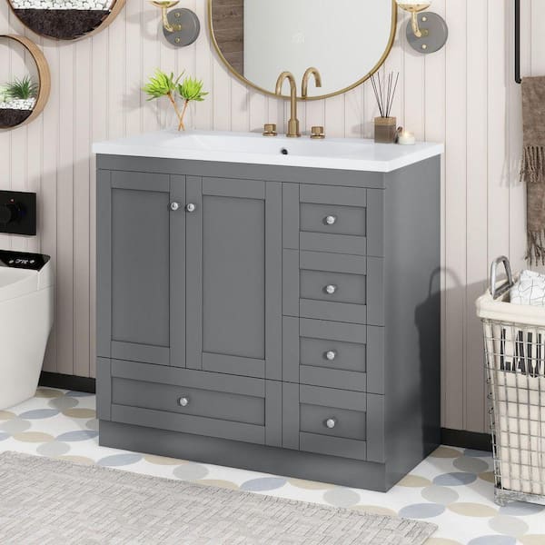 35. 8 in. W x 17. 9 in. D x 34. 5 in. H in Single Sink Freestanding Gray Bath Vanity, with White Resin Top Basin