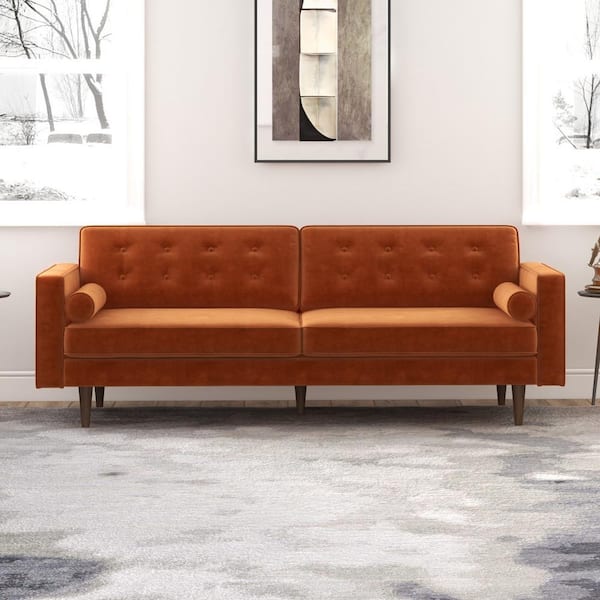 Kensington 85 in. Square Arm Velvet Rectangle Sofa in. Burnt Orange