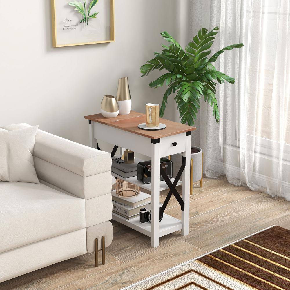 White Wood Side Table with Charging Station and Storage Shelves