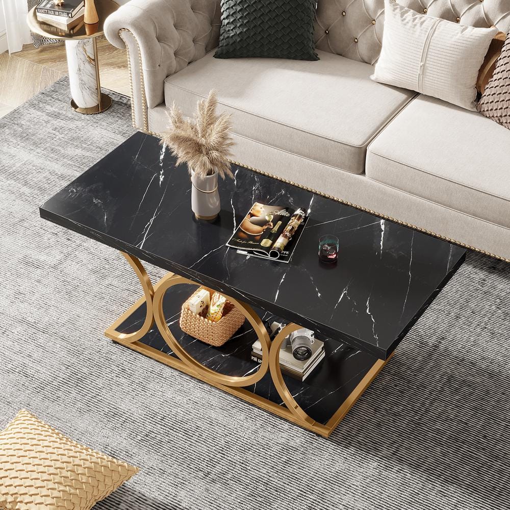 BYBLIGHT Allan 47.2 in. Black Gold Rectangle Wood Coffee Table, 2-Tier ...