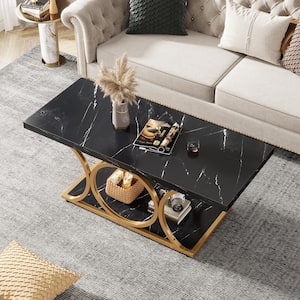 Allan 47.2 in. Black Gold Rectangle Wood Coffee Table, 2-Tier Faux Marble Coffee Table with Geometric Metal Legs