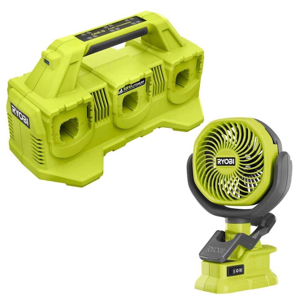 RYOBI ONE+ 18V 6-Port Fast Charger with ONE+ 18V Cordless 4 in. Clamp ...