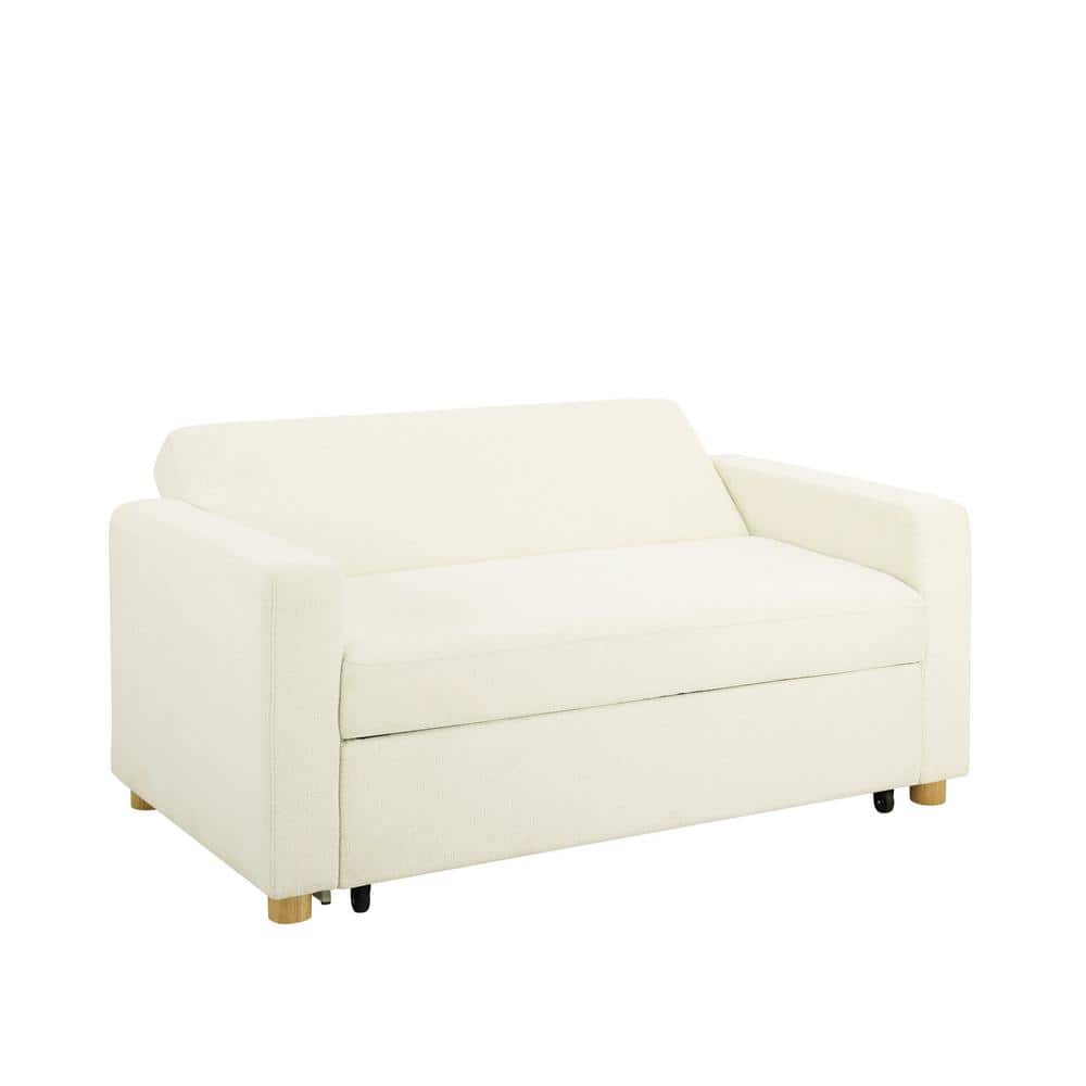 Ivory Boucle Full Size Convertible Sleeper Sofa with Wood Legs
