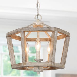 Farmhouse Gray Geometric Wood Lantern Candlestick Chandelier, Coastal 3-Light Drum Island Country Dining Pendant Light
