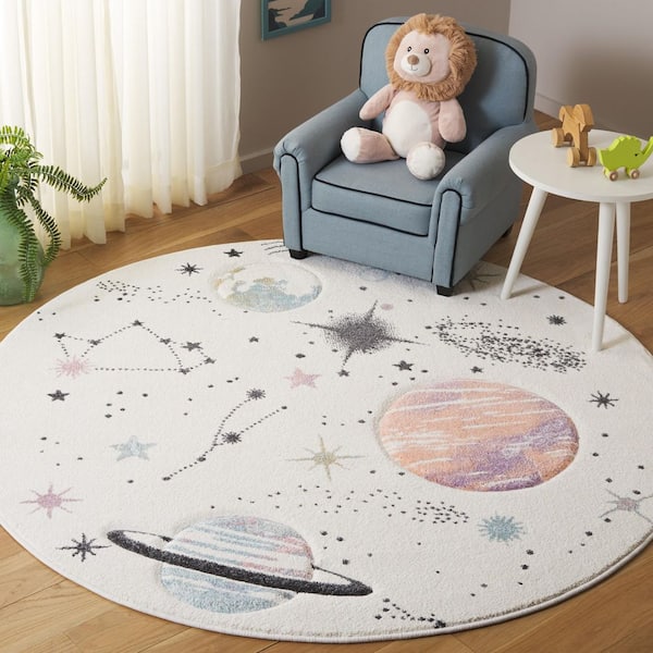 Carousel Kids 5 ft. x 5 ft. Ivory/Orange Galaxy Round Area Rug