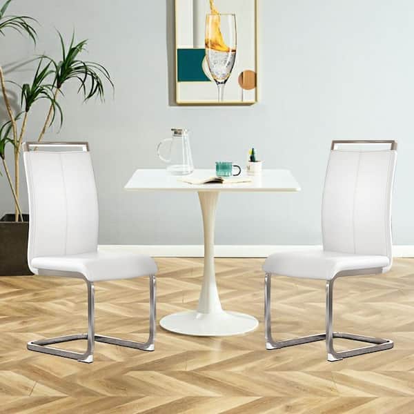 Modern White PU Leather Seat Dining Chairs Set of 2 for Kitchen, Living, Dining Room