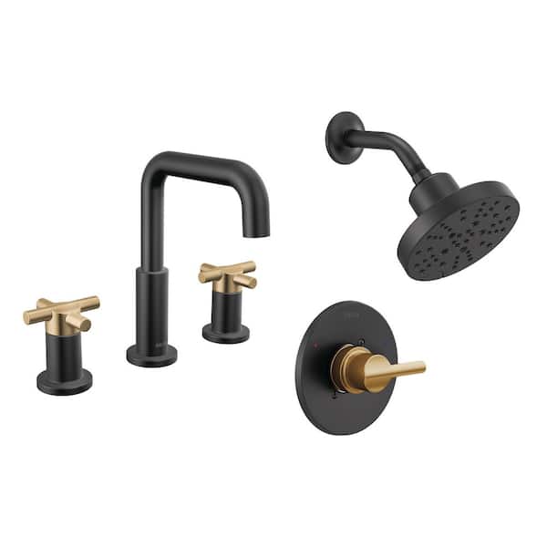 Nicoli 5-Spray Shower Faucet with 8 in. Widespread Double Handle Bathroom Faucet in Matte Black/Champagne Bronze