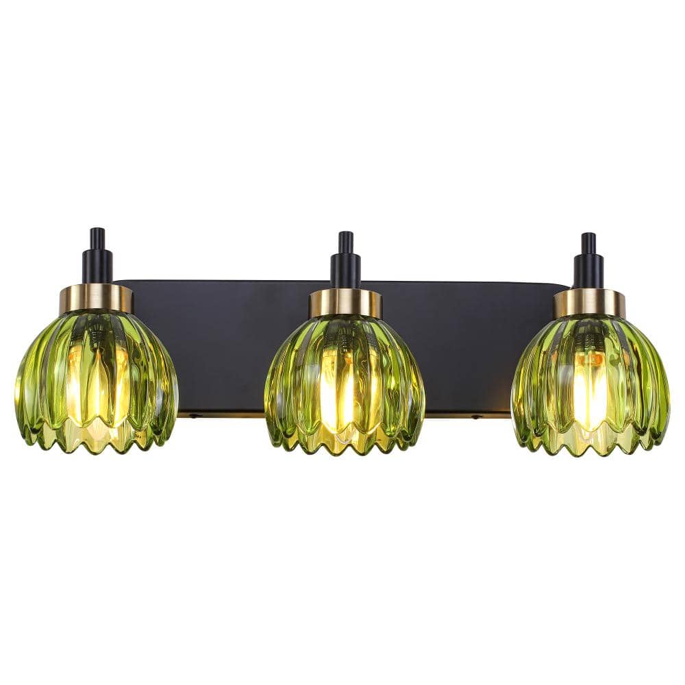 19.6 in. 3-Light Black Modern Wall Sconce with Green Ribbed Glass Shades, No Bulbs Included price history on PriceWatchPro