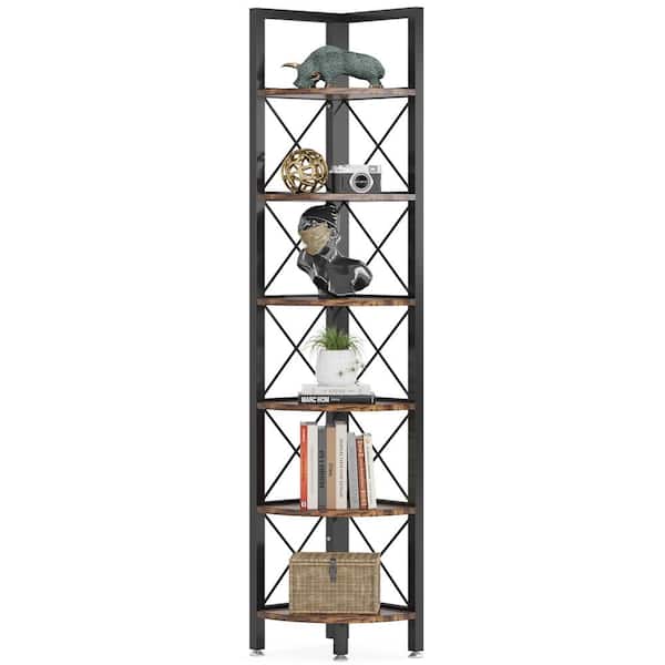 BYBLIGHT 70 in. Brown Wood 6-Shelf Corner Shelf Bookcase with 6-Tier Open Shelves for Living Room, Home Office