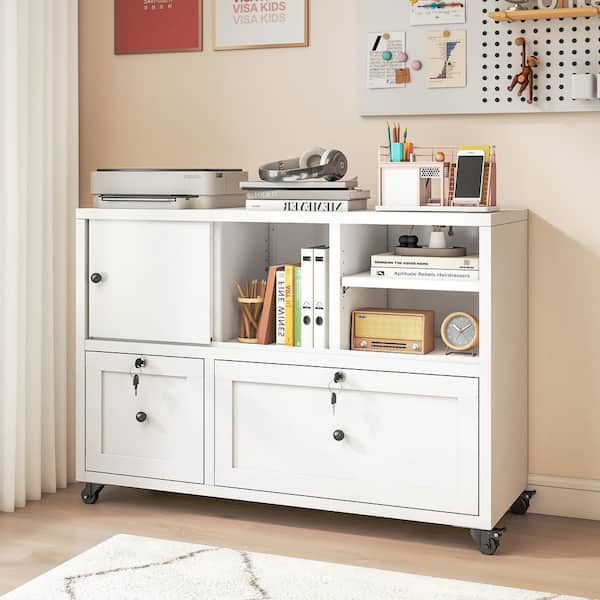 2-Drawer White Metal 39.30 in. W Mobile Lateral Office Storage with Lock File Cabinet