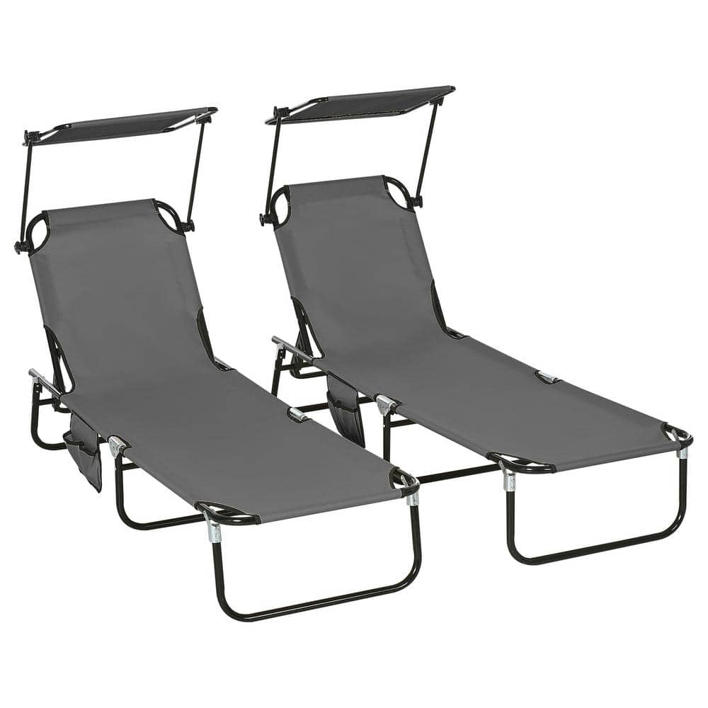 Dark Gray Metal Outdoor Folding Chaise Lounge Pool Chairs, Sun Tanning Chai