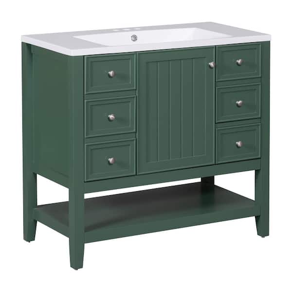 Unbranded 36 in. W x 18 in. D x 34.10 in. H Freestanding Bath Vanity in Green with White Ceramic Sink, 1-Cabinet and 3-Drawers